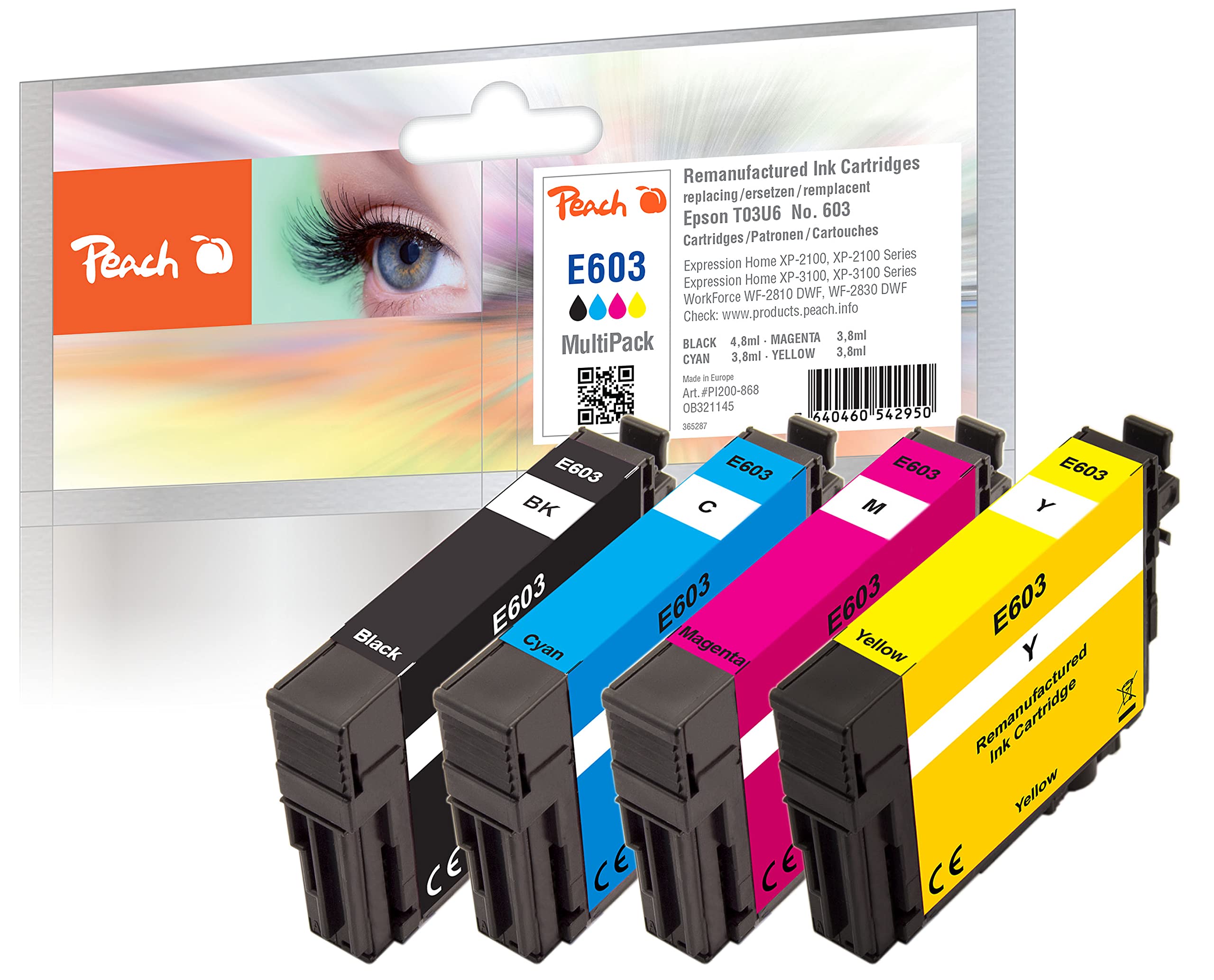 Peach E603 Printer Cartridges (BK, C, M, Y) Replaces Epson No. 603, C13T03U64010 for Epson Expression Home XP -2100, Epson Expression Home XP -2105, Epson Expression Home XP -3100
