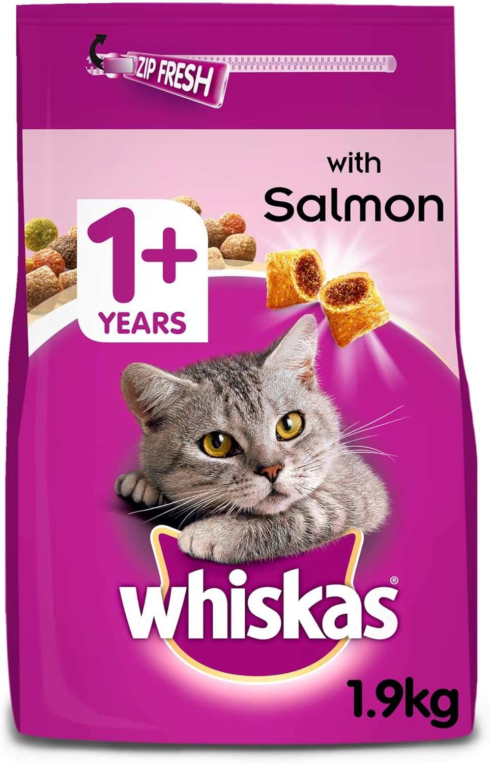 Whiskas 1+ - Dry Cat Food - for Adult Cats - with Salmon - 6 x 1.9 kg, 1.9 kg (Pack of 6)