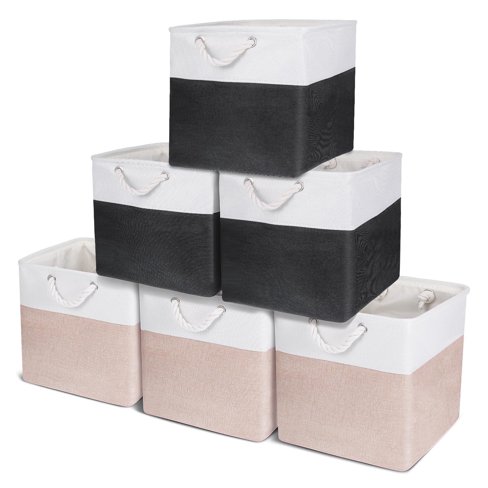 Photo 1 of 13 x 13 Inch Cube Storage Bins, 6 Pack Extra Large Collapsible Cube Storage Organizer with Handles, Foldable Cubes for Home, Closet, Organizing Clothes, Toys (Black & Beige)