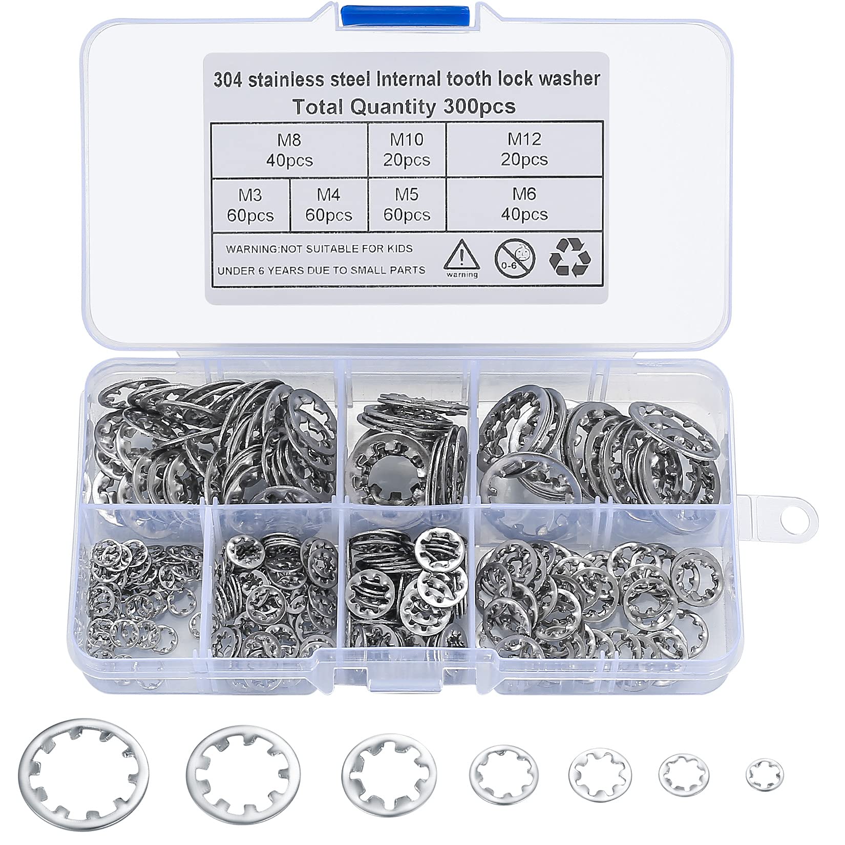 300 Pcs Internal Star Tooth Lock Washers, 304 Stainless Steel Starlock Washer, Quick Speed Push On Speed Clips Fasteners Locking Washers Assortment - M3/M4/M5/M6/M8/M10/M12