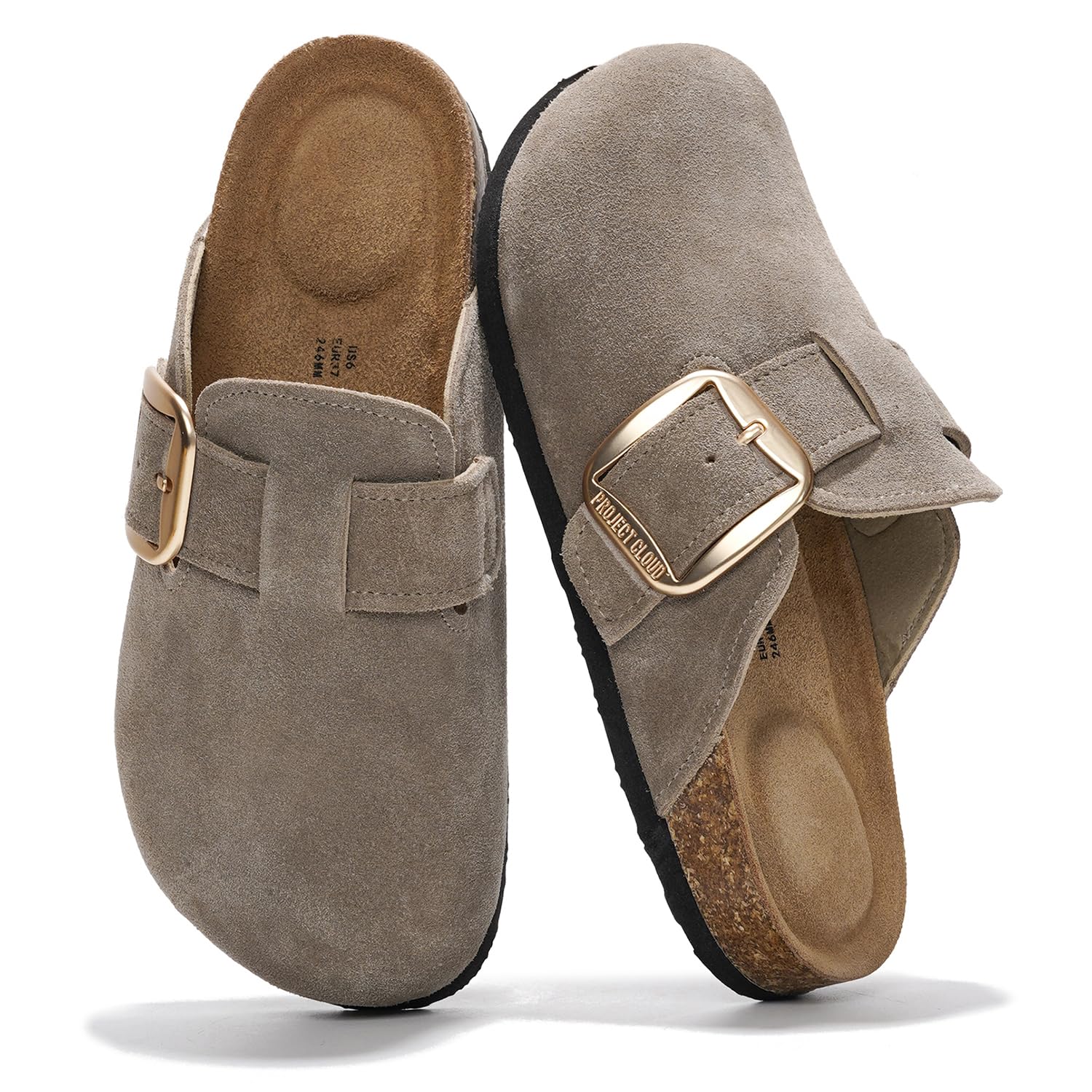 Project Cloud Genuine Leather Clogs for Women Shoes - Memory Foam Insole, Non-Slip & Natural Cork Footbed Arch Support Big Buckle Womens Clogs and Mules for Women Footwear (Manchester)