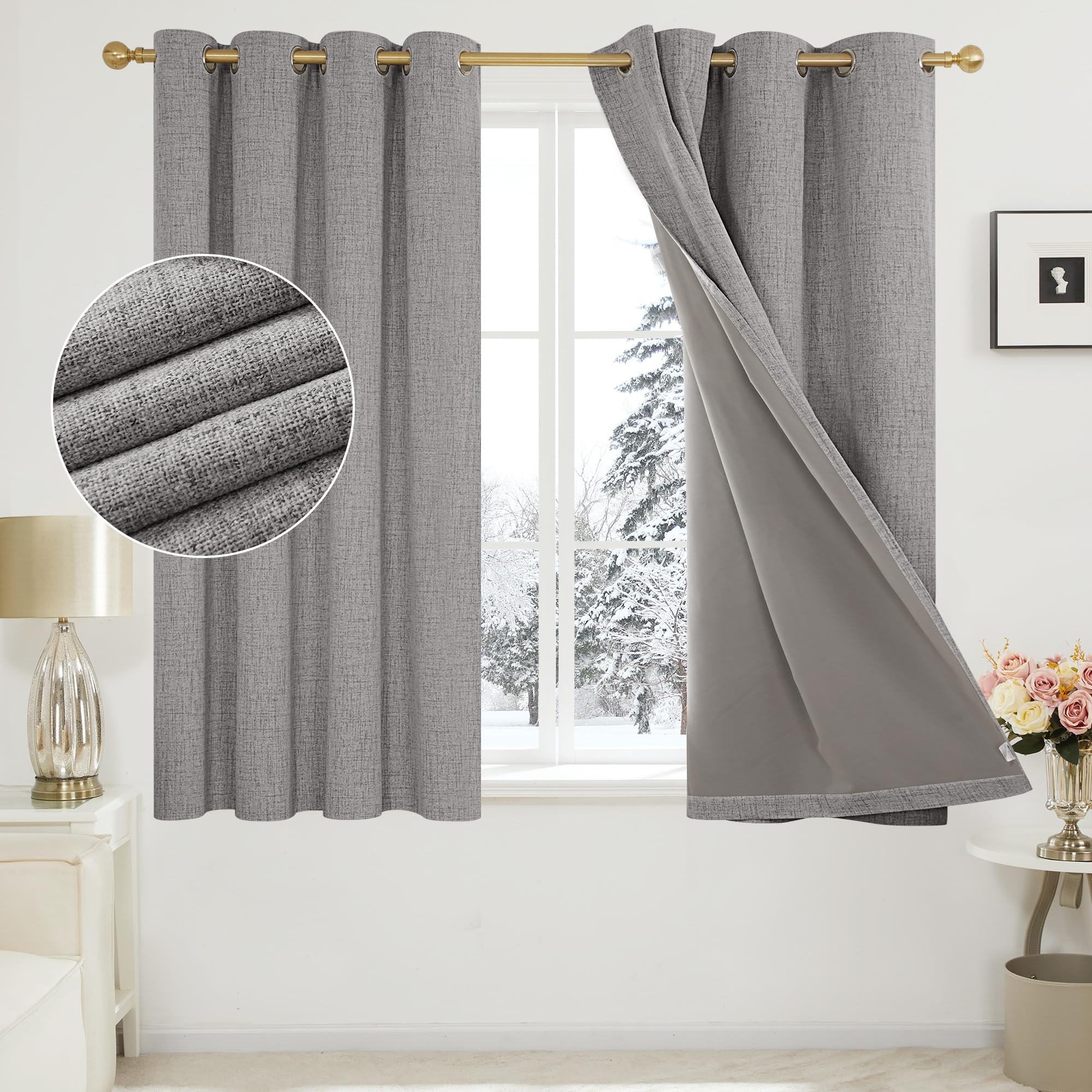 Deconovo Grey Total Blackout Curtains with Coating, Energy Saving Faux Linen Thermal Eyelet Curtains for Bedroom, 52 x 63 Inch(Width x Length), Light Grey, One Pair