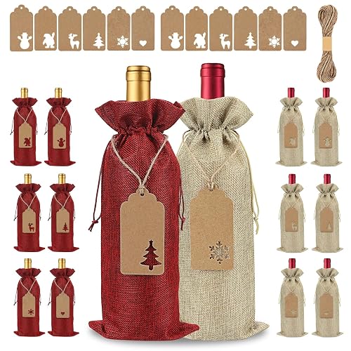 Christmas Bottle Bags for Wine Gifts Burlap 12 Pcs, Christmas Wine Bags Gift Jute with Drawstring Tags Reusable, Xmas Bottle Covers for Table Decoration at Xmas Valentine's Day Wedding