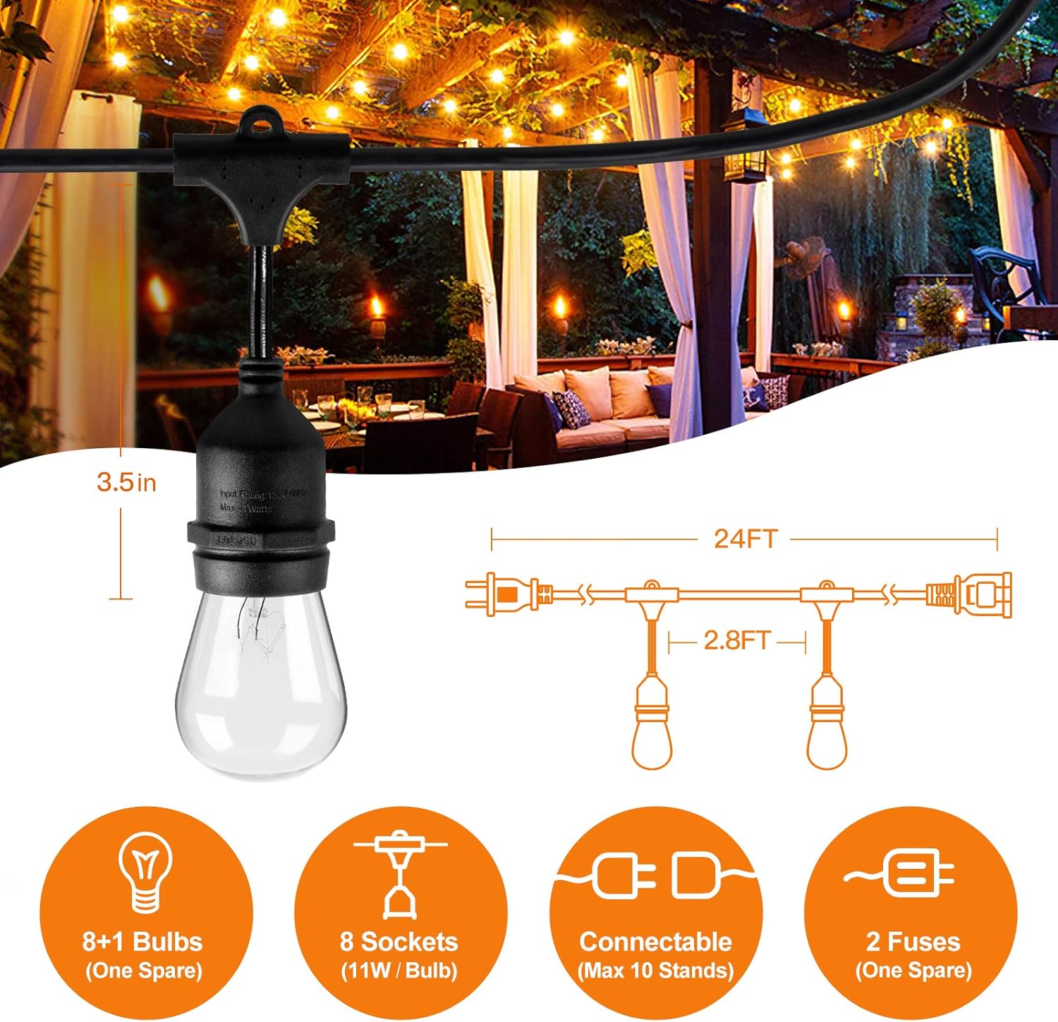 addlon Outdoor String Lights Commercial Grade Weatherproof Strand Edison Vintage Bulbs Hanging Sockets, 24FT UL Listed Heavy-Duty Decorative Café Market Patio Lights for Bistro Garden Porch - - 