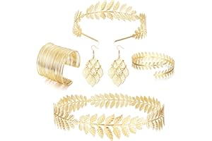 SAILIMUE 5 Pcs Greek Goddess Costume Accessories Set for Women Golden Laurel Leaf Crown Headband Armband Coil Bracelet Leaf Dangle Earring Bridal Wedding Headpiece Toga Party
