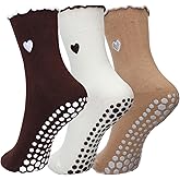 LXUEJIE 3 Pairs Pilates Grip Socks for Women, Non Slip Cute Yoga Socks Soft Cotton Grippy Barre Crew Sock for Yoga Barre Workout