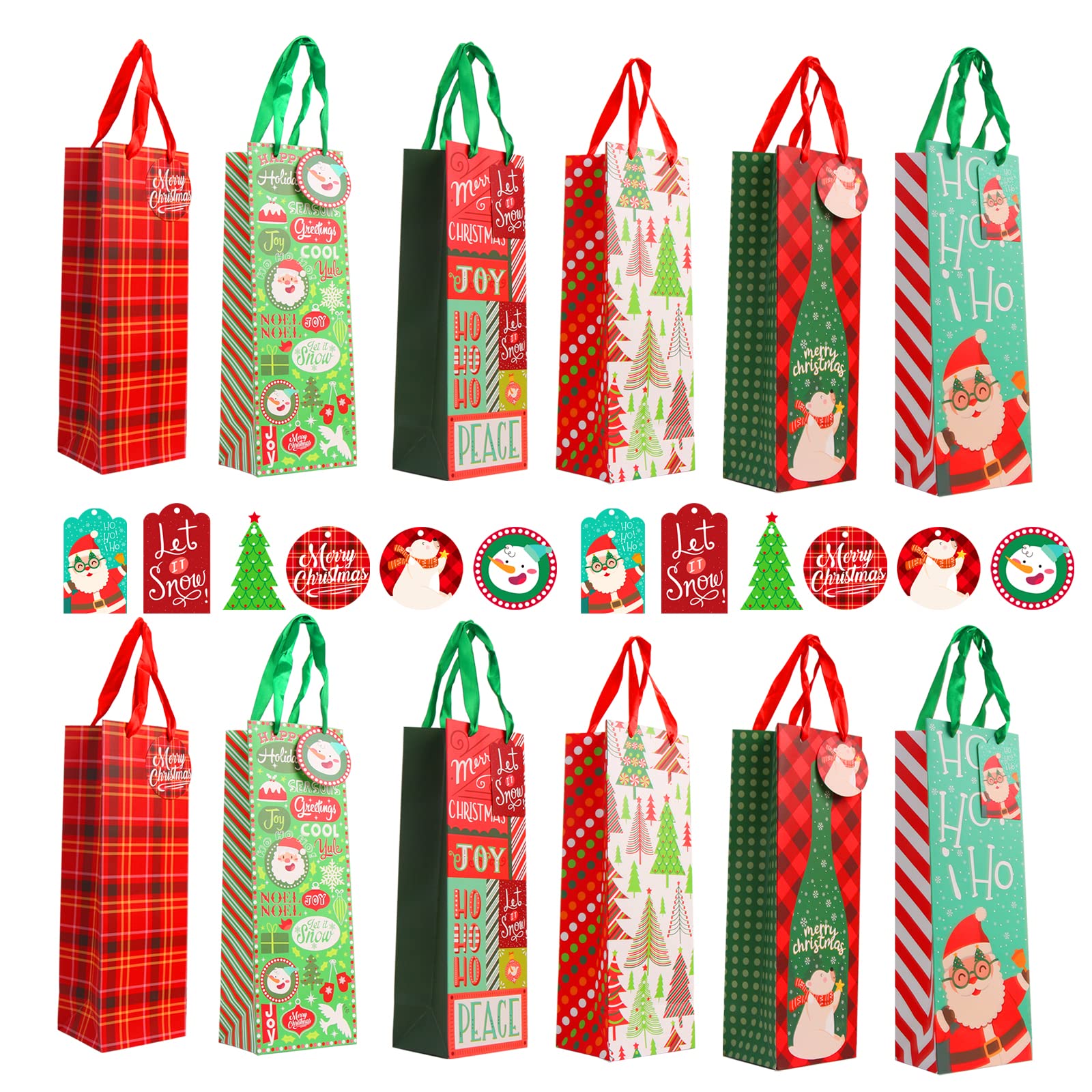 VEYLIN Bottle Gift Bags, 12 Pack Colorful Christmas Wine Gift Bag with Handle and 12 Tags for Winter Holiday Party Decoration