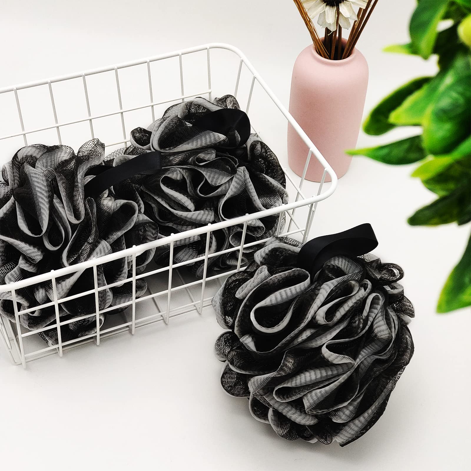 Loofah Charcoal Bath Shower Sponge Body Scrubber,75g XL Exfoliate Mesh Pouf Shower Bouquet,3 Pack Black Large Bath Sponge for Women and Men