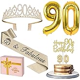 90th Birthday Decorations for Women Gold with 90th Birthday Sash and Tiara, Cake Topper and Candles, Number Balloons, 90 Year Old Gifts for Women