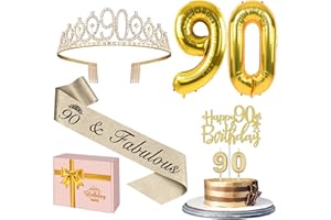 YEOHJOY 90th Birthday Decorations for Women Gold with 90th Birthday Sash and Tiara, Cake Topper and Candles, Number Balloons, 90 Year Old Gifts for Women