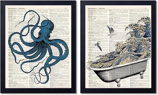 Bilder Wandbehange Set Of 3 Antique Dictionary Page Art Print Picture Octopus Bathroom Decor Mobel Wohnen