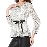 Allegra K Women's Elegant Tie Waist Long Sleeve Top Lace Peplum Blouses