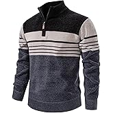 TebYIA Mens Quarter Zip Pullover Mock Neck Slim Fit Striped Knit Sweaters Casual Fall Winter Lightweight Polo Sweater