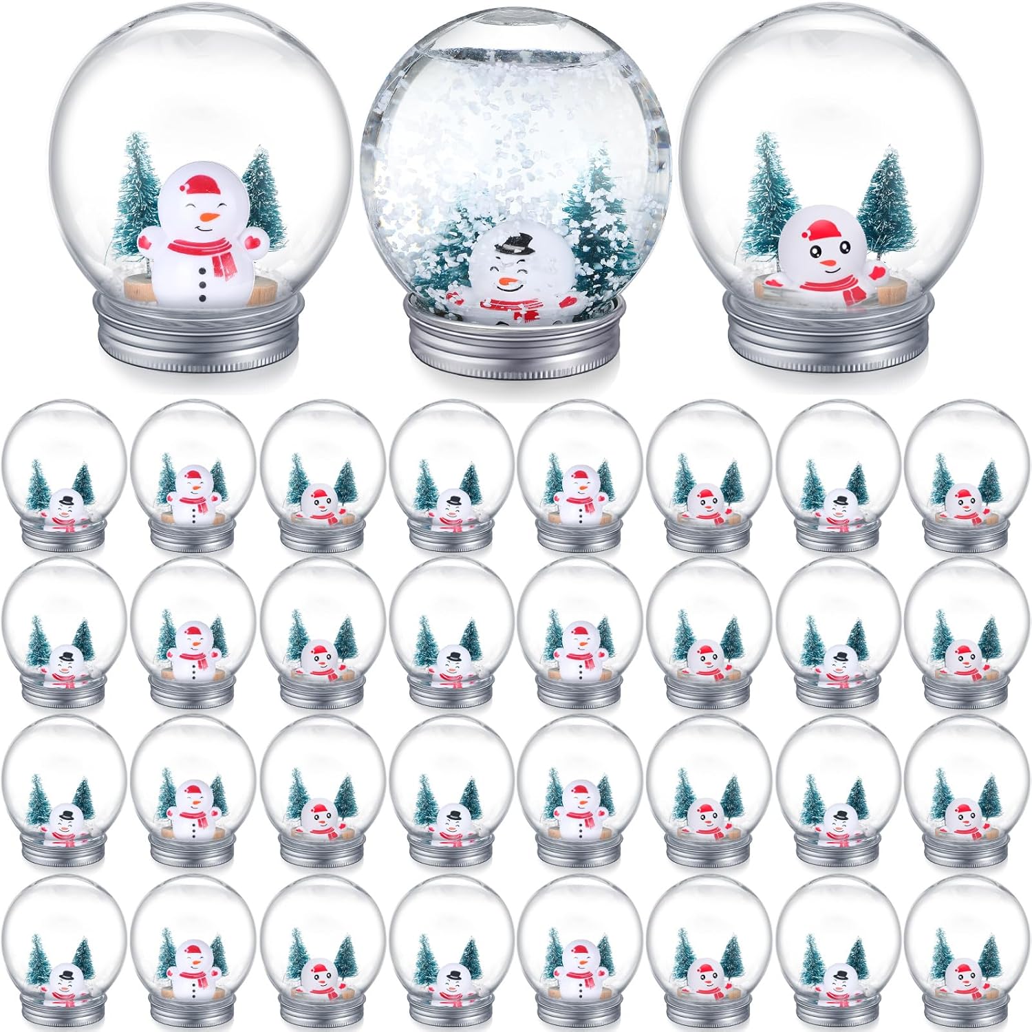 Snow Globes - Jerify 32 Set Christmas Clear Snow Globes Kit Plastic Water Globe with Screw Off Cap Artificial Christmas Trees Small Snowman Snowflakes for Ornaments DIY Crafts Fillable Snow Globes Home Decoration