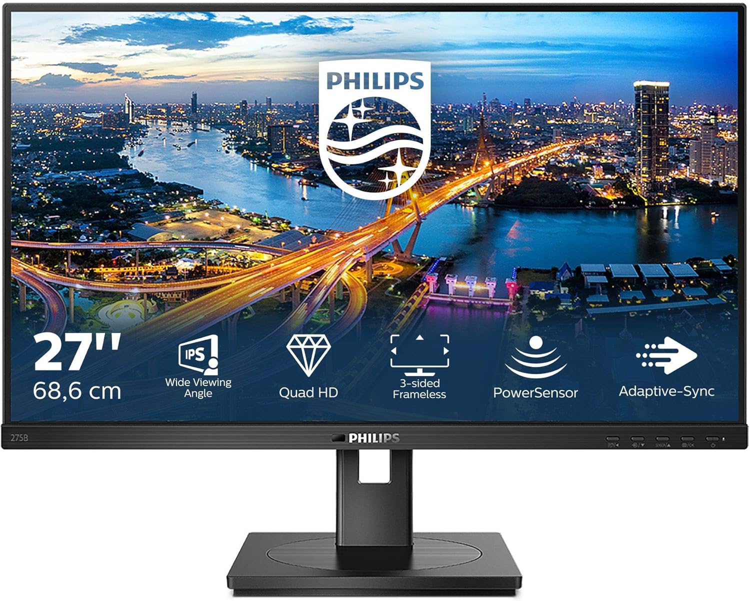 Philips 275B1-27 Inch QHD Monitor, 75Hz,4ms,IPS, Speakers, Height Adjust, USB Hub, FlickerFree (2560 x 1440, 300 cd/m²