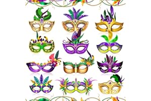 LARBFUL 12 Pcs Mardi Gras Mask Paper Masquerade Masks Carnival Parade Prom Purple Green Yellow Feather Masks Party Favors for Women Men Kids New Orleans Dress Up Mardi Gras Decorations Party Supplies