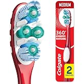 Colgate 360 Optic White Advanced Adult Whitening Toothbrush, Medium, 2 Pack | Medium Spiral Bristles Polish Away Surface Stains, Cheek and Tongue Cleaner, Whitens Teeth, Removes Odor Causing Bacteria