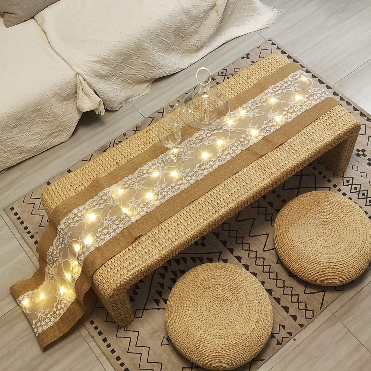 40 LED Table Runner With String Lights Handmade Burlap Roll Linen Fabric Tablecloth, Lace Natural Jute Rectangle Table Cover for Buffet, Party, Holiday Dinner, Reception, Wedding Decor - 12 x 108 Inch