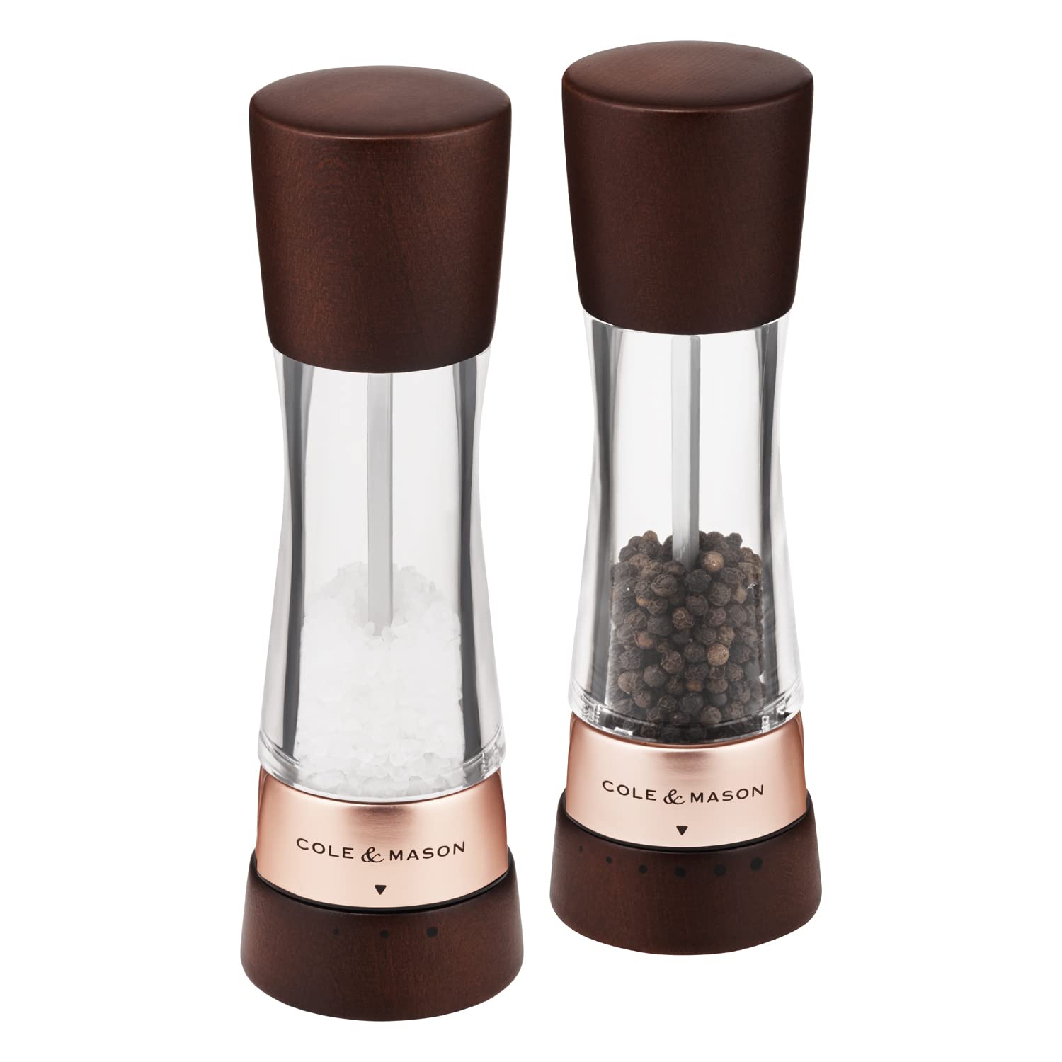 Cole & Mason Derwent Chestnut Rose Gold Salt and Pepper Mills, Gourmet Precision+, Adjustable Grind, Stained Beech/Acrylic, 190 mm, Gift Set, Includes 2 x Salt and Pepper Grinders