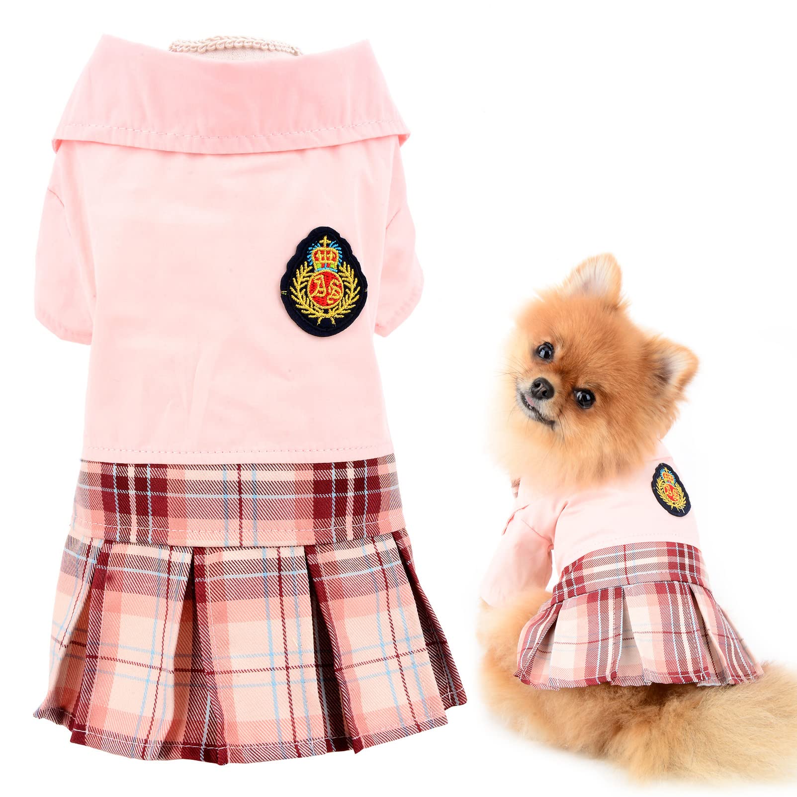 SMALLLEE_LUCKY_STORE Puppy Plaid Pleated Skirt Preppy School Uniform Dress for Small Medium Dog Cat Girls Shirt Tartan Skirt Outfits Female Dog Clothes Pet Apparel