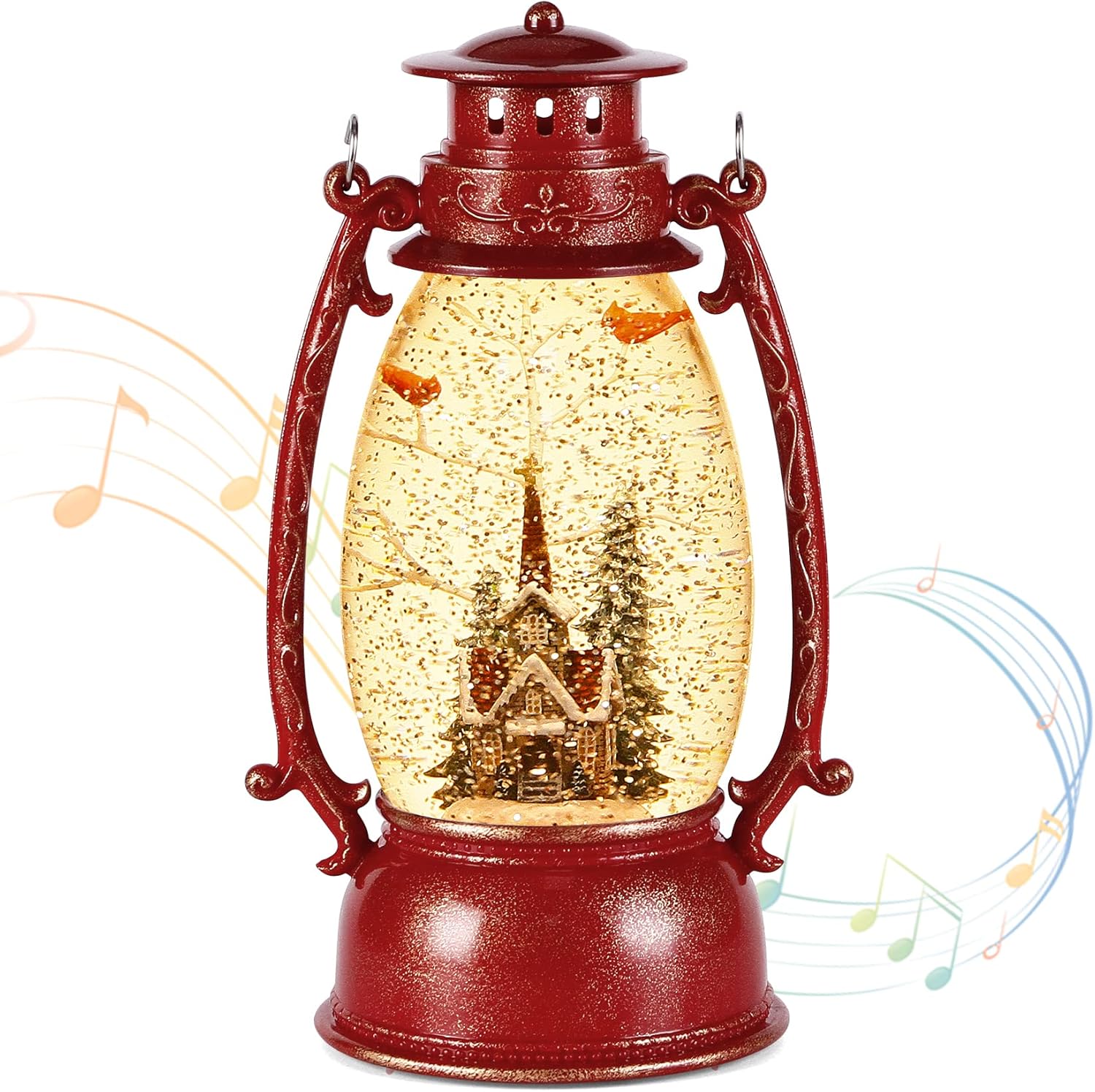 Snow Globes - Christmas Snow Globes, USB or Battery Operated Sparkly Glitter Snow Globe Cardinal Church Lantern with Musics for Christmas Decorations and Snow Globe Collection,Red