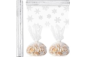 Gueevin Snowflake Cellophane Wrap Roll Clear Plastic Winter Holiday Wrapping Paper 100 ft x 16 in 2.5 Mil White SnowFlakes Cellophane Roll Gift Wrap for Christmas Treat Bags Supplies