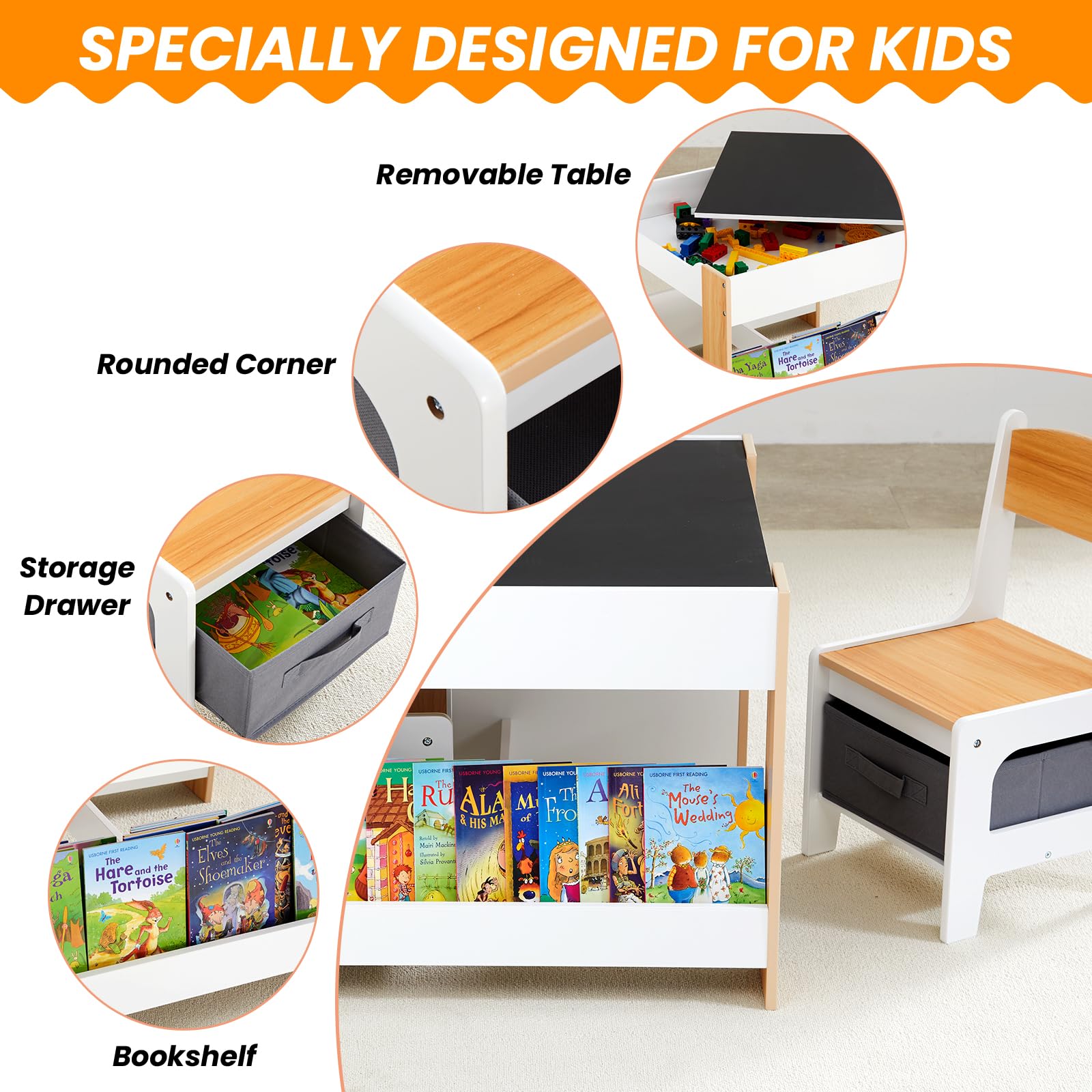 Asweets Kids Table and Chair Set,4 in 1 Toddler Desk with Storage Drawer,Wooden Activity Table for 2 in 1 Detachable Tabletop,Bookshelf,Suitable for Classroom,Home,Nursery,Playroom (Natural White)