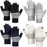 4 Pairs Winter Knit Touchscreen Gloves with Full Hand 10 Finger Touch Accuracy Windproof Anti Slip Mittens Warm Fleece Knit Lined Elastic Winter Texting Gloves for Women Men