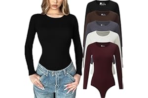 Chongbaijia 5 Pack Long Sleeve Bodysuit for Women Crew Neck Casual Stretchy Basic T Shirt Body Suits Tops
