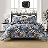 Finlonte Cotton King Size Comforter Set, Navy Paisley Bedding Set with Floral Damask Patterns, Ultra Soft Duvet Insert, Fluffy Quilted All-Season Luxury Bed Set with 2 Pillowshams, Navy Blue/Brown