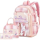 FIXITOK Girls Backpack Set, 3PCS Kids Backpack for Girls, Kawaii Bunny School Backpacks for Girl Kindergarten Elementary Preschool Middle School Bags with Lunch Box Pencil Case Pink-Plaid