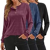Riyiper 3 Pack Women's Long Sleeve Henley Tops, V Neck Button Up Tunic Top Casual Shirts Loose Fit T Shirts Pullover Tunics