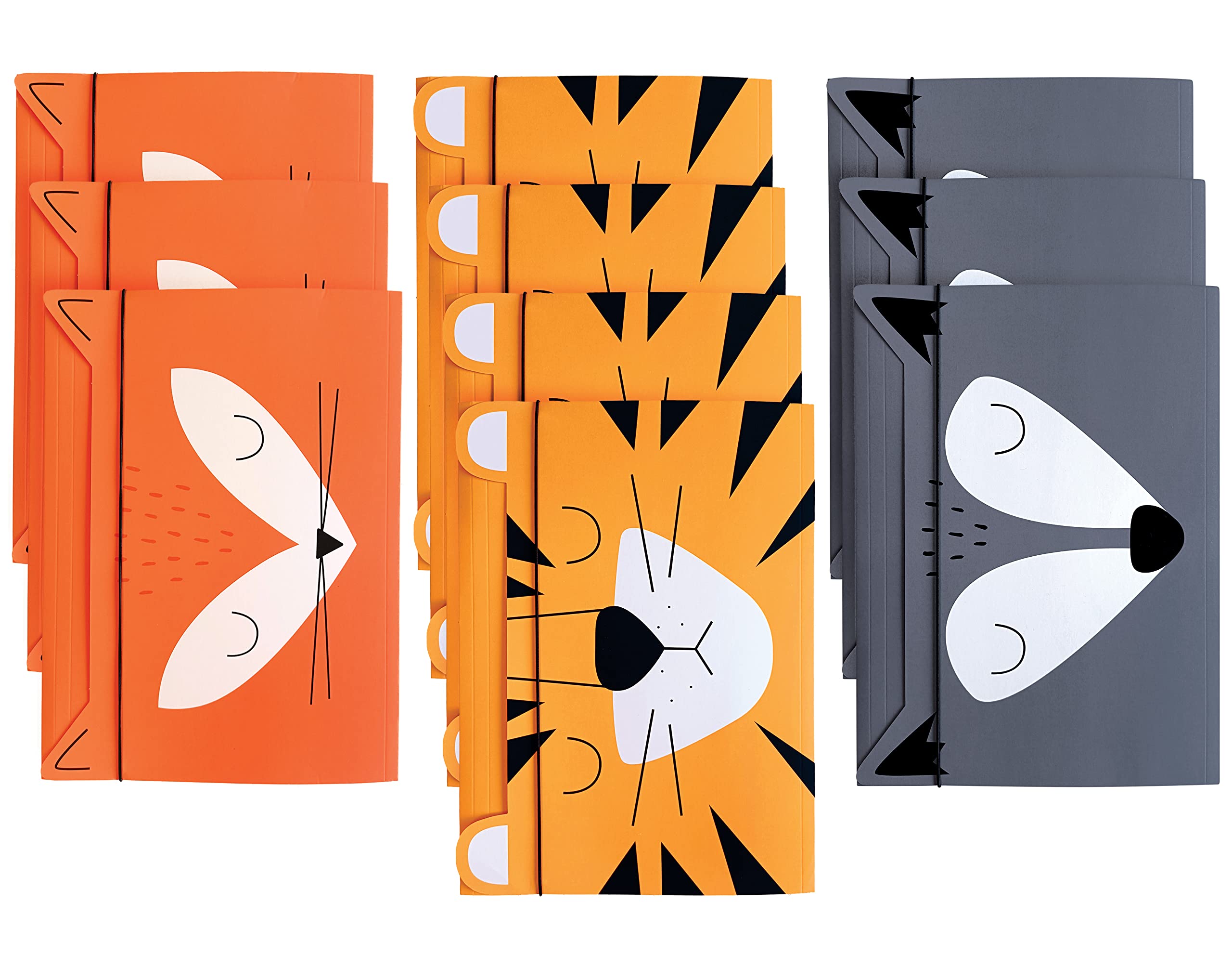 Elastic Folder A5 - Sturdy Cardboard - Soft-Touch Feel - Printed Inside and Outside - Funny Shape for Kids - 3 Designs Assorted: Fox + Tiger + Wolf - Pack of 10 — image 1