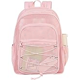 Heavy Duty Mesh Backpack, Semi-transparent Mesh Bookbag,See Through College Backpack with Bungee and Comfort Padded Straps for Commuting, Swimming, Beach, Outdoor Sports (Pink)