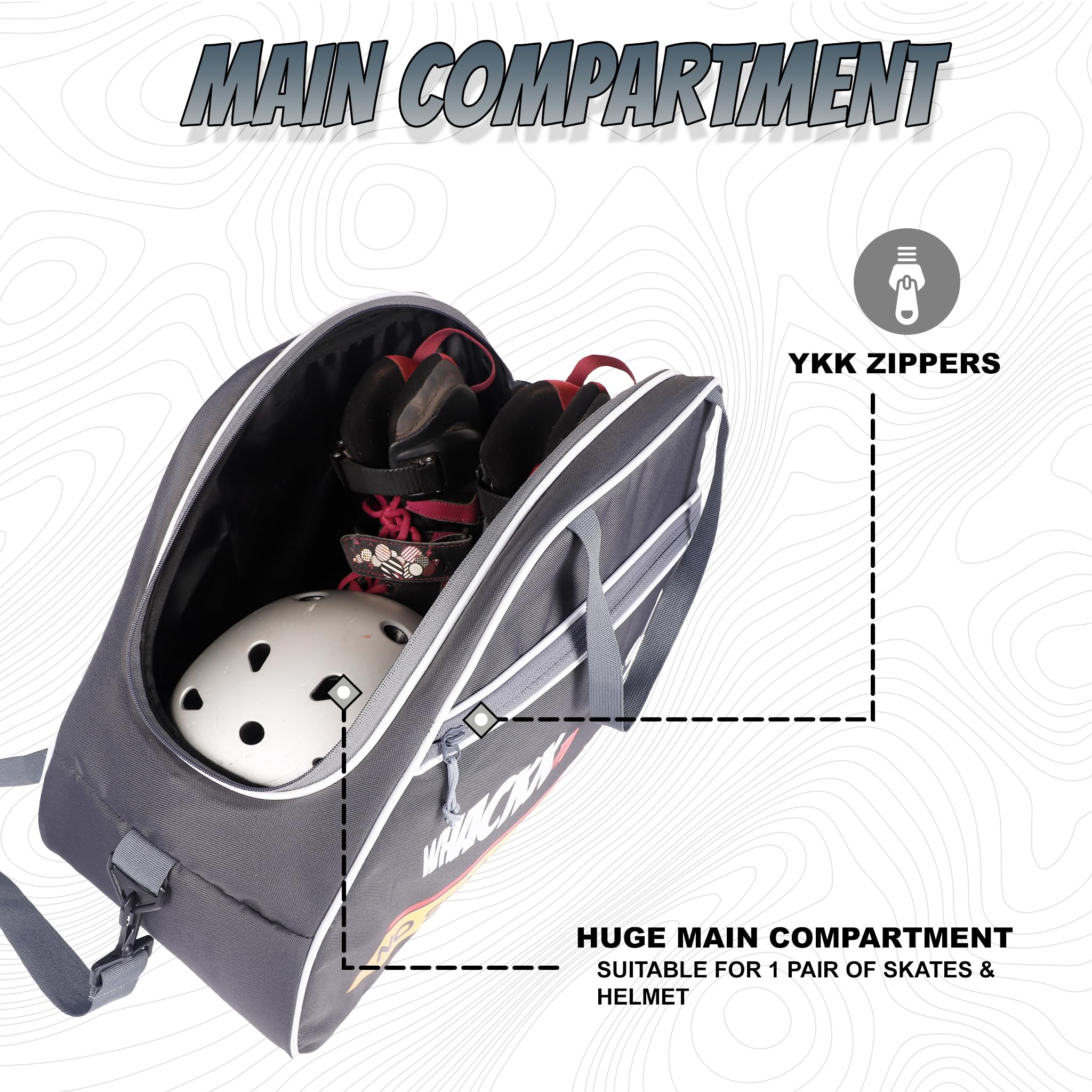 WHACKK Skating Equipment Bag|Gym Sports Quad Ice Skates Kitbag|Travel | Easy Access Pocket|2 Bottle Holders|Compartment Fits in Helmet & Skates 11" (Roller Black, M) 4