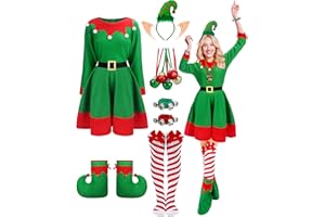 Suhine 12 Pcs Women Christmas Elf Costume Santa's Helpers Dress Outfit Elf Hat Bells Ears Shoes Xmas Fancy for Party
