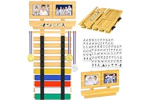 Jolitac Karate Belt Display Rack - Bamboo 10 Taekwondo Belt Display with Customization Stickers, 2 Picture Frames, Self-Adhesive Adjustable Strips & Hanging Kit Taekwondo Gifts