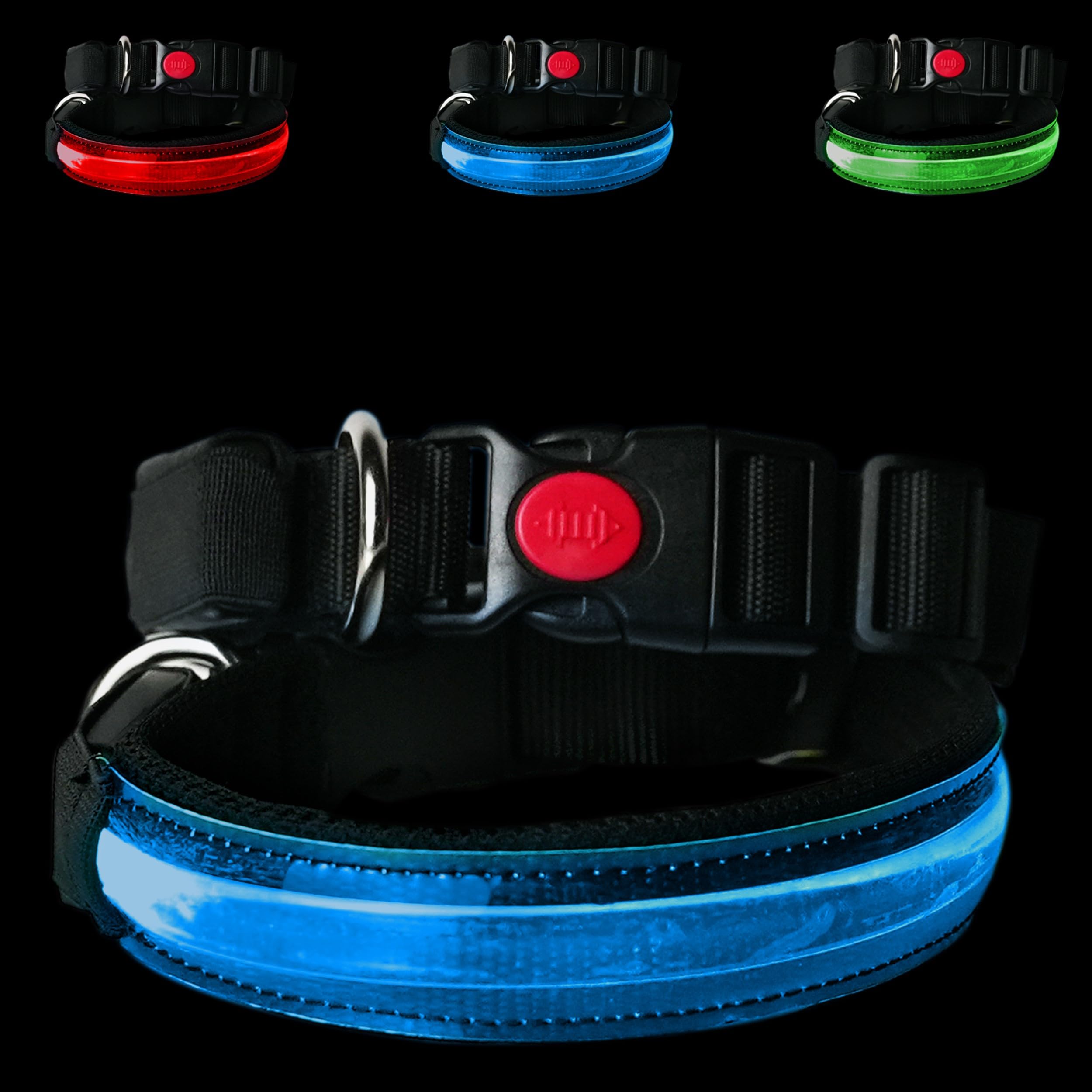 PETTY Adjustable LED Light-Up Dog Collar – USB Rechargeable Breathable Collar, Adjustable Closure, and Anti-Strangling Safety Button – For Small, Medium, and Large Dogs (L Blue)