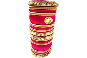 GOELX Silk Thread 18 Bangles Set in Pink and Gold Combination