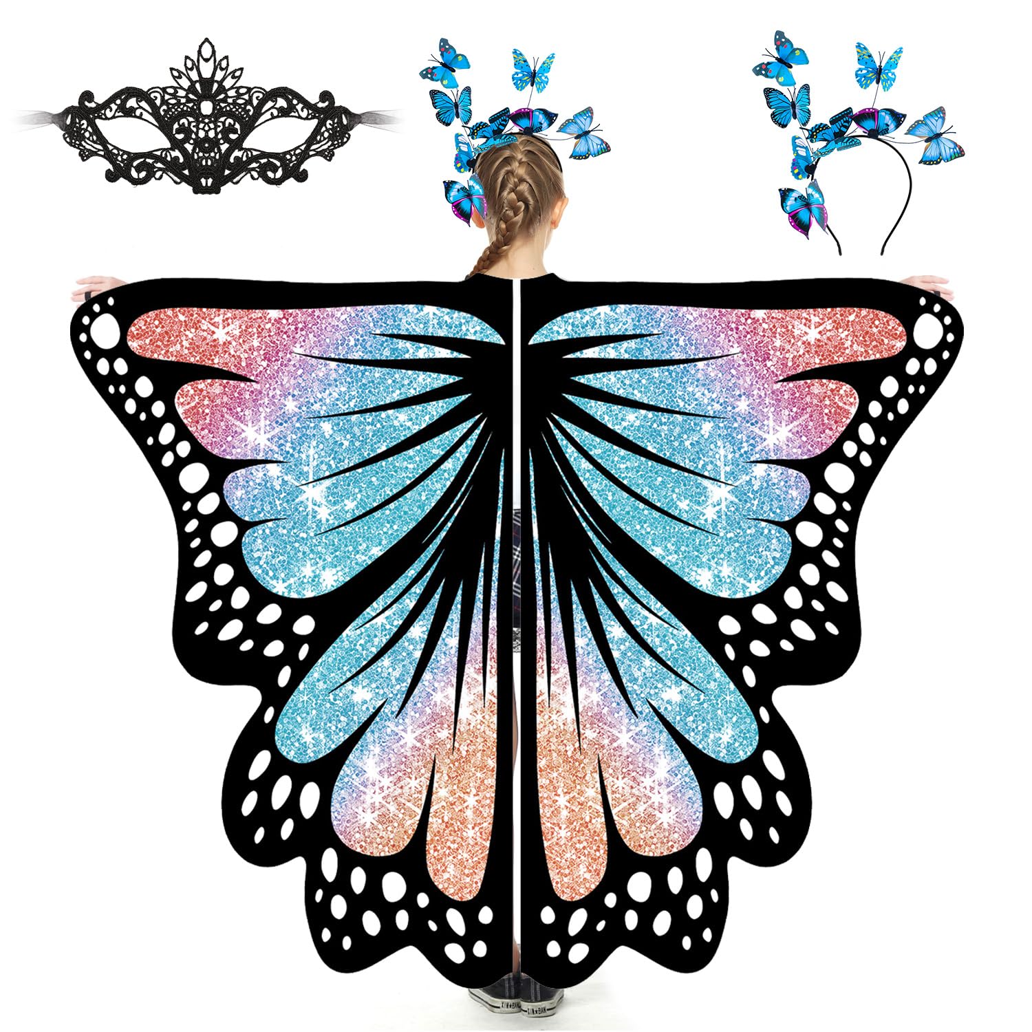 plainshe Butterfly Wings for Girls, Butterfly Costume for Halloween, Fairy Wing Kids, 3PCS Butterfly Cape Set (Orange Blue)