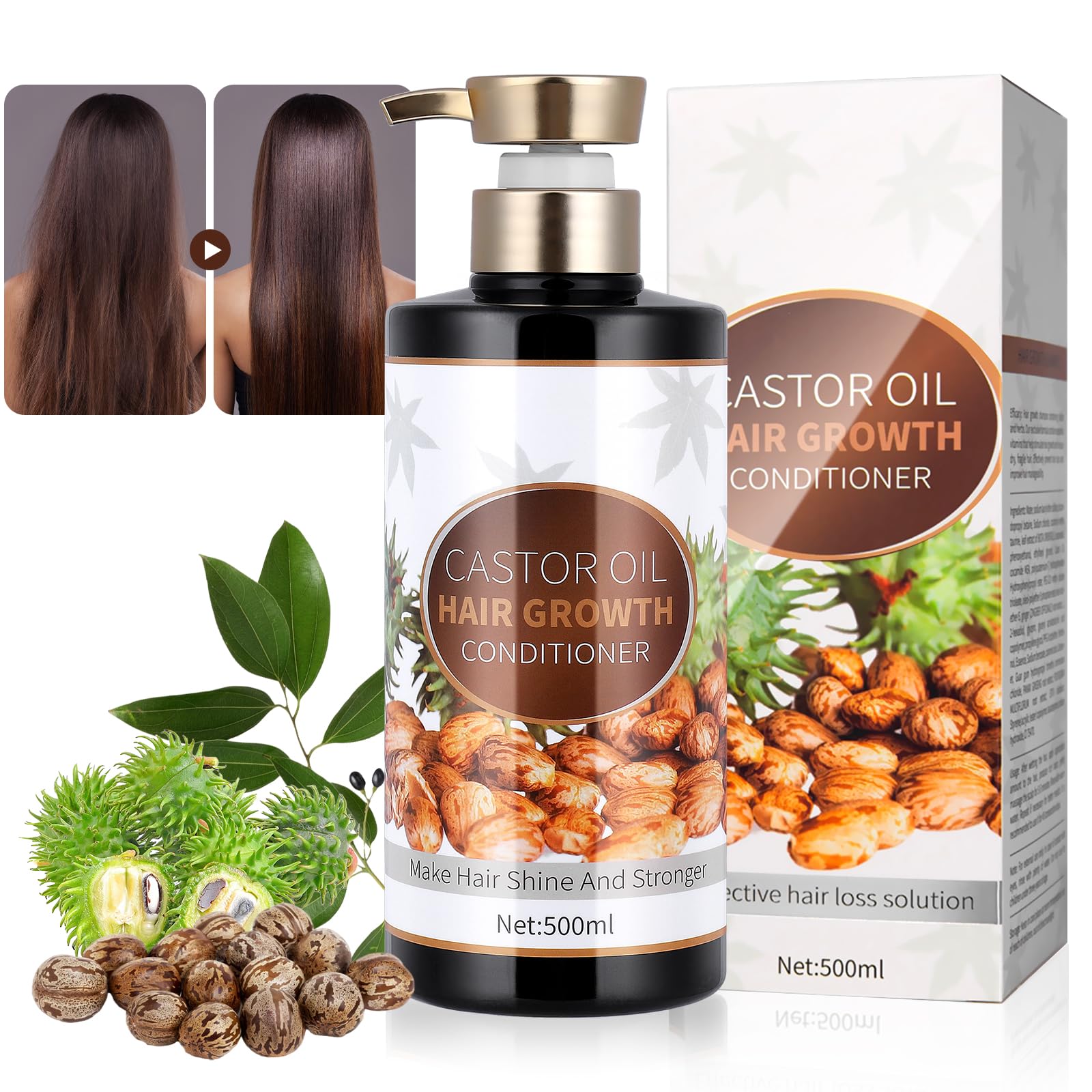 Castor Oil Conditioner for Hair Growth, Conditioner for Dry Damaged Hair Prevents Loss, Strengthens & Nourishes Ends, Smooth & Frizz Control Conditioners for Women & Men, 500ml
