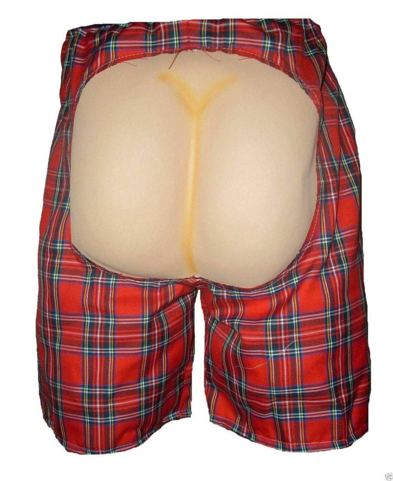 The Dragons Den Adults Novelty Fake Bum Out Pants Joke Mooning Mooney Bermuda Bottom Exposed Shorts Fancy Dress [S-M Royal Stewart]