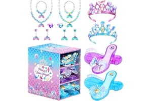 HAPGO Mermaid Princess Dress Up Shoes, Toddler Dress up Toys, Girls Pretend Play Role Play Princess Shoes Set with Crown Earrings Necklaces Ring Gifts for Little Girls Aged 3-6 Years Old
