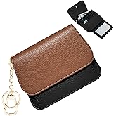 Sunpour Women Small Wallet RFID Blocking Slim Wallet with Coin Pocket Tri-Fold Credit Card Holder with ID Window and Keychain(Brown＆Black)