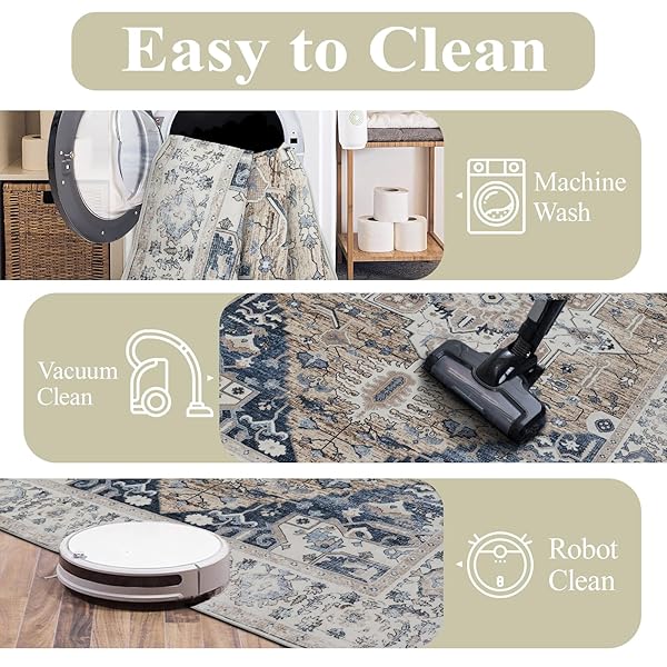KENODITAN 9X12 AREA RUG LIVING ROOM RUGS, STAIN RESISTANT WASHABLE RUG, VINTAGE LARGE NON-SLIP BACKING, LOW PILE LIGHTWEIGHT PRINT RUG FOR BEDROOM DINNING ROOM HOME OFFICE (TAUPE/BLUE)