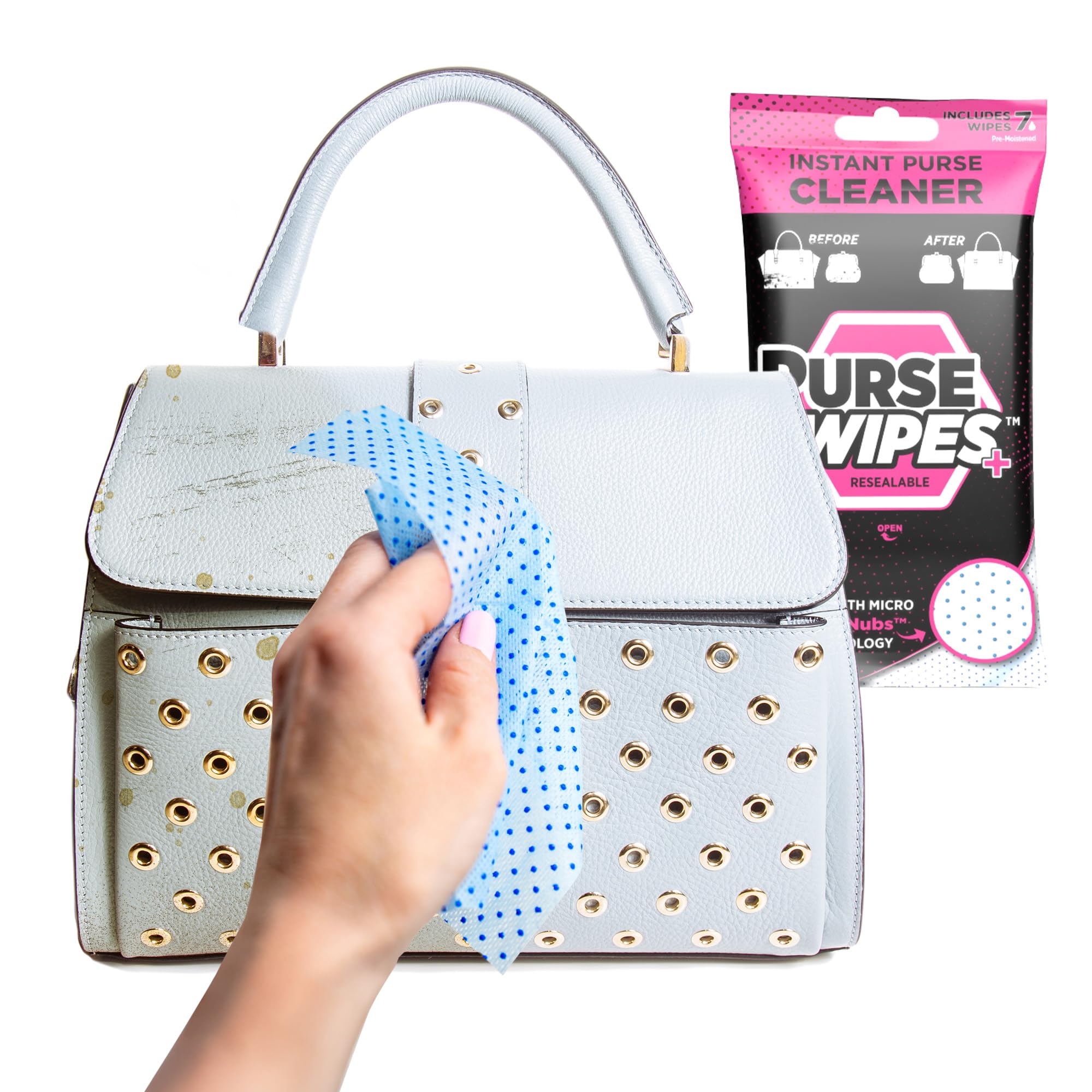 SneakERASERS: PurseWIPES Purse Cleaner Wipes - Portable Leather Wipes for Bags, Purses, and Backpacks, Dirt and Scuff Remover with Innovative ScrubNubs, Perfect for Quick Cleaning, (28 wipes)