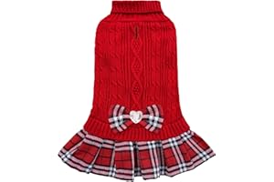 YUDODO Dog Sweater Dress for Small Dogs Girl with Bowtie Winter Warm Dog Turtleneck Sweater with Leash Hole Soft Puppy Knitwear Clothes Cute Doggie Dresses for Yorkie Chihuahua (Red, M)
