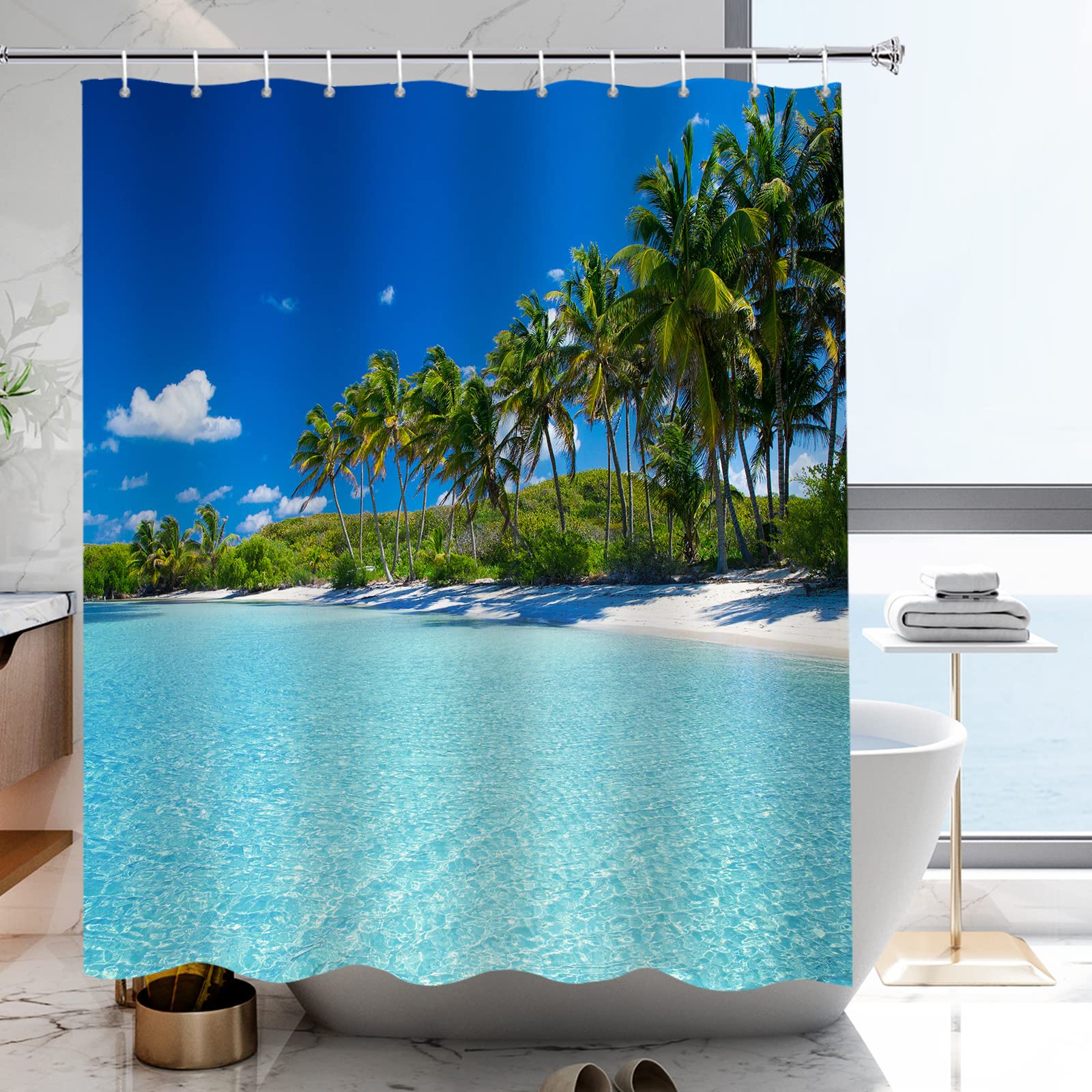 YISURE Summer Beach Coconut Palm Tree Shower Curtain 200x200cm, Tropical Island Blue Sky Limpid Water Ocean Shower Curtain for Bathroom, 79"x79" — image 1
