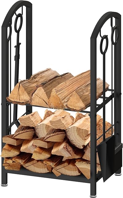 AMOS Firewood Log Rack Holder with 4 Piece Fireplace Tools Set Black Indoor