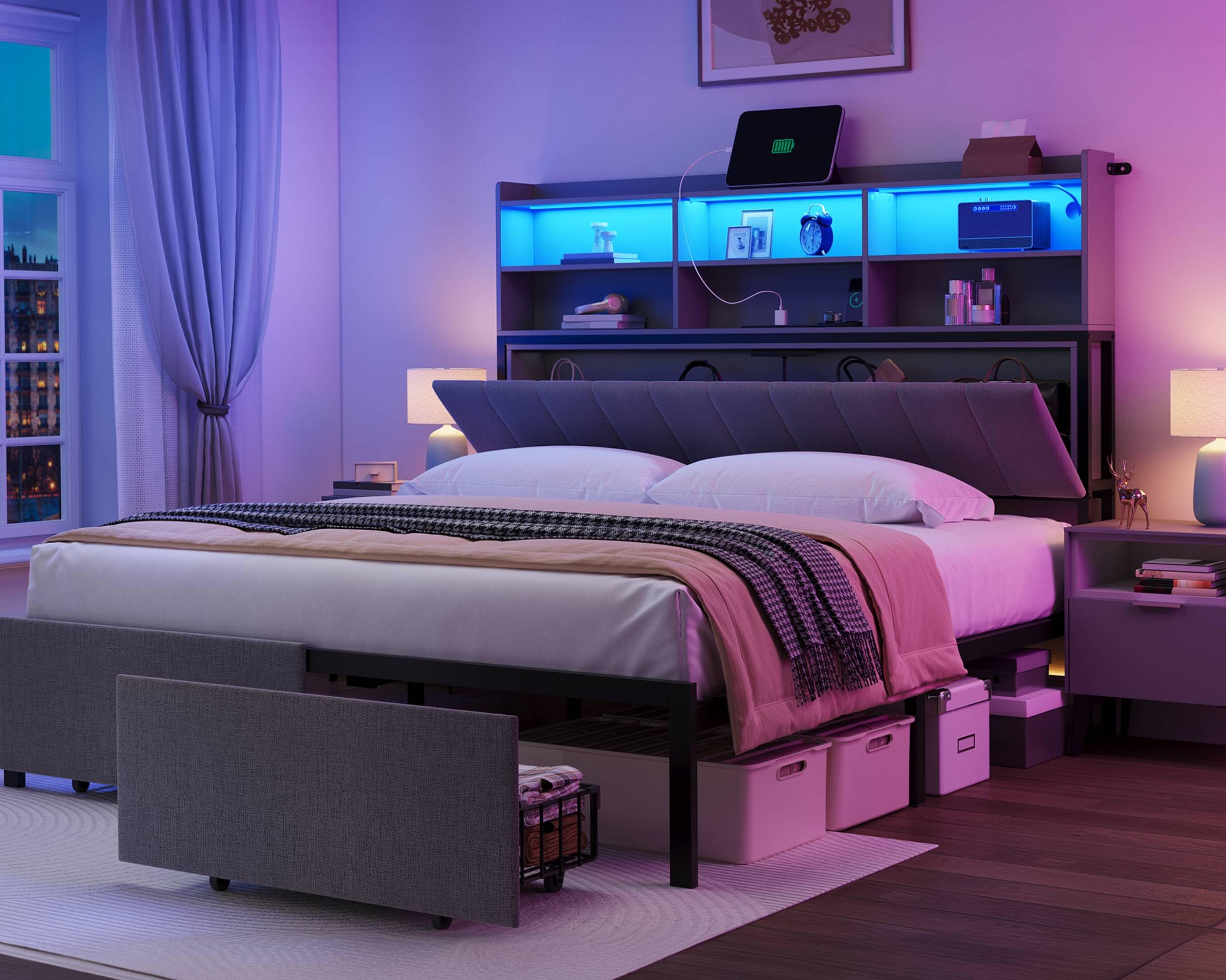 Photo 1 of ** MISSING INSTRUCTIONS**
YITAHOME Queen Bed Frame with 2-Tier Storage Shelves and Bookcase Headboard,LED Light Queen Size Bed with Charging Station, No Box Spring Needed/Noise Free, Dark Gray